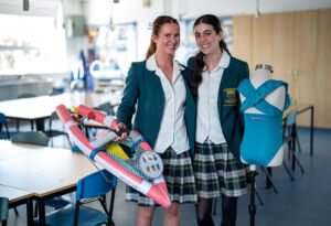 Ella Howard and Annabelle Mansour with their HSC Design and Technology major projects.
