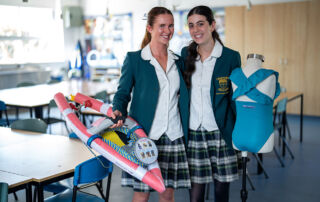 Ella Howard and Annabelle Mansour with their HSC Design and Technology major projects.